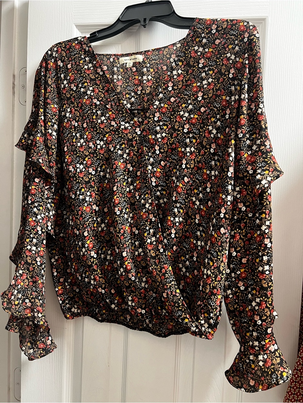 Max Studio Floral V-Neck Ruffle Sleeve Blouse - Black Multi